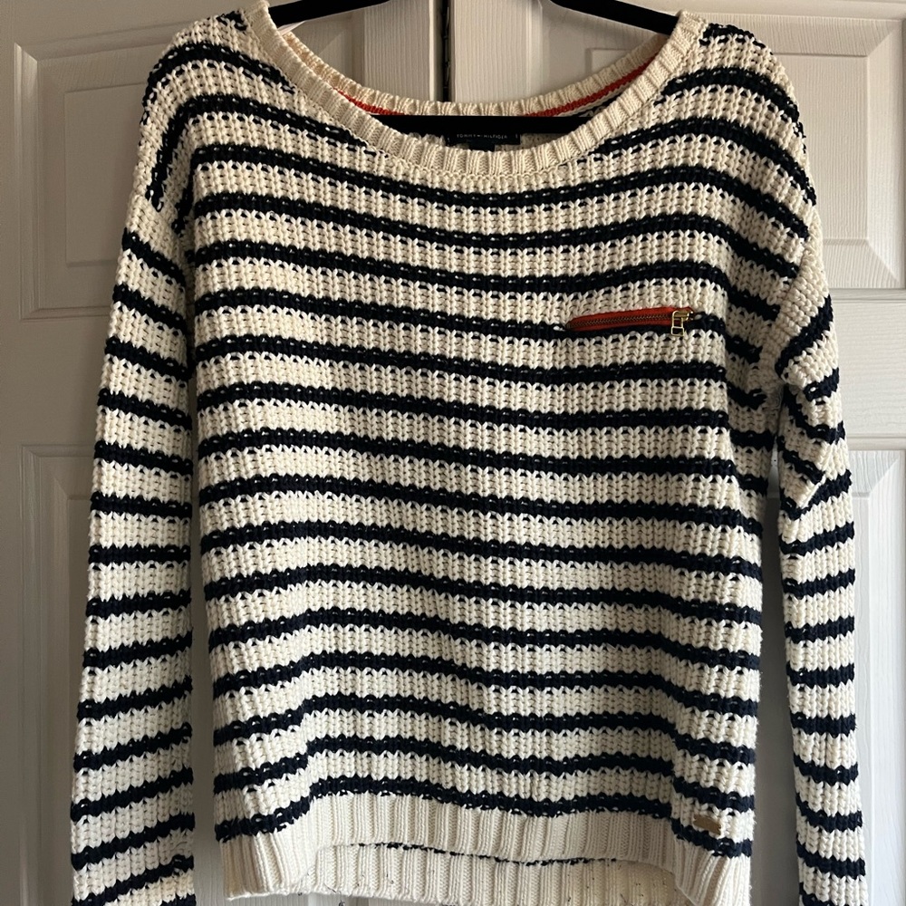Tommy Hilfiger Navy and Cream Striped Sweater